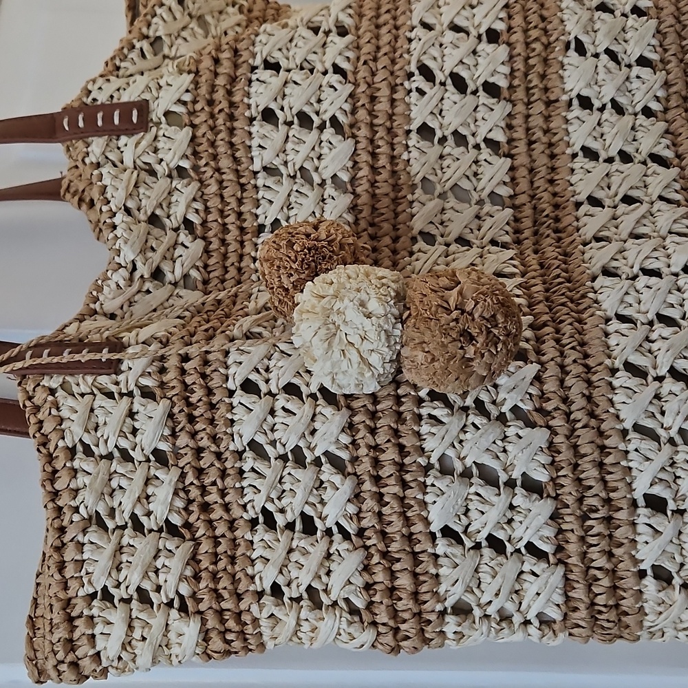 Nordstrom Raffia Tote Bag - Cream and Brown - Picture 2 of 6